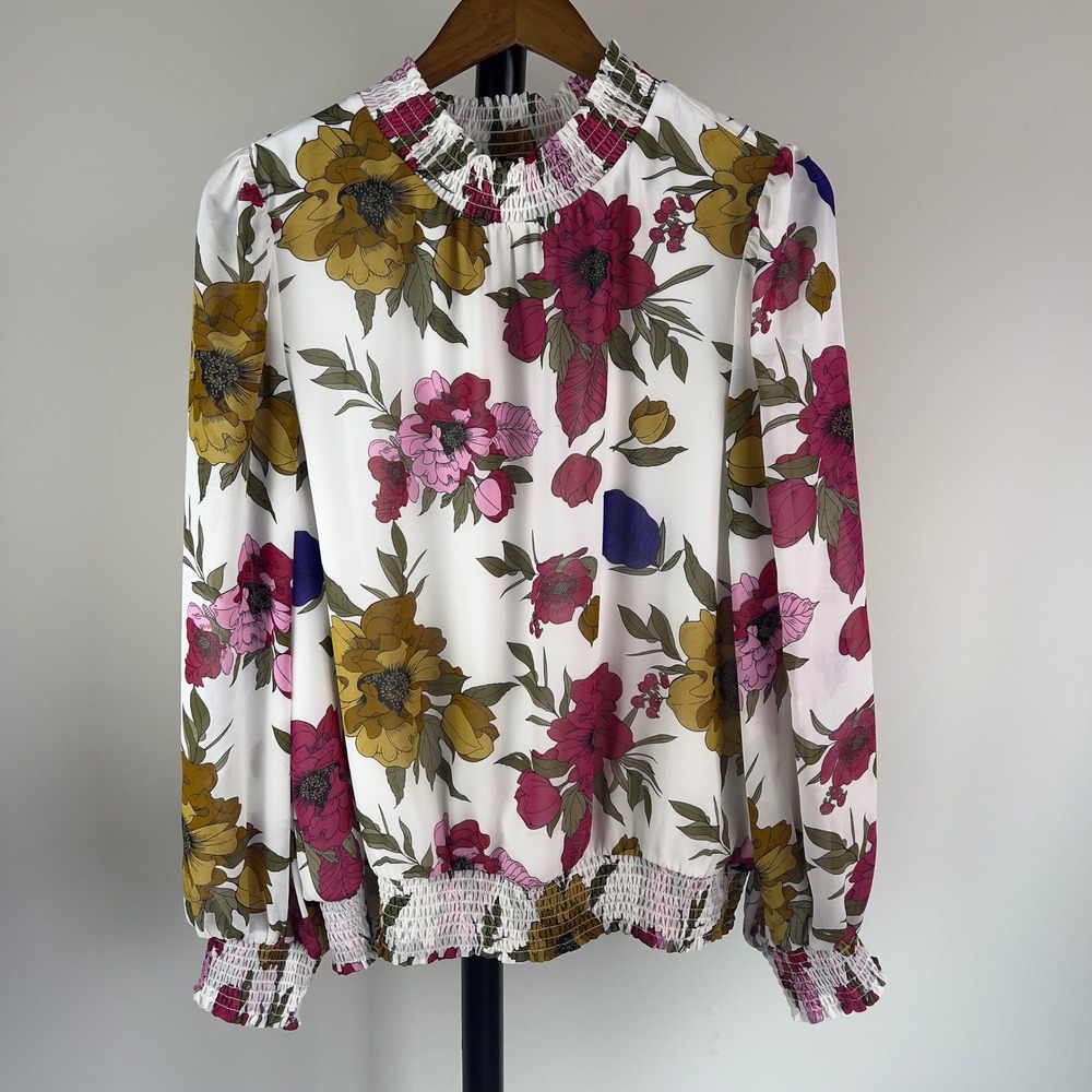 Marc New York Floral Smocked High Neck Blouse XL White Magenta Mustard